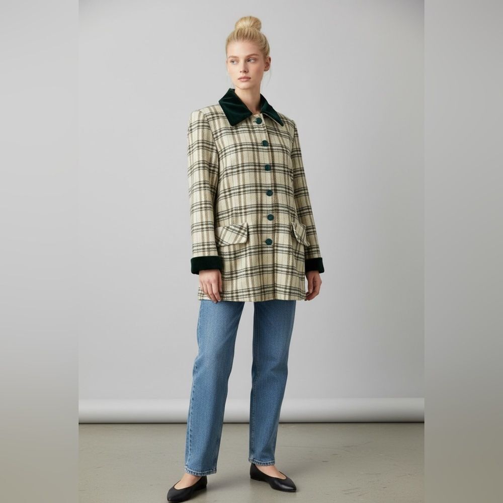 Vintage “Susan” brand plaid green hues academia preppy velvet accents coat